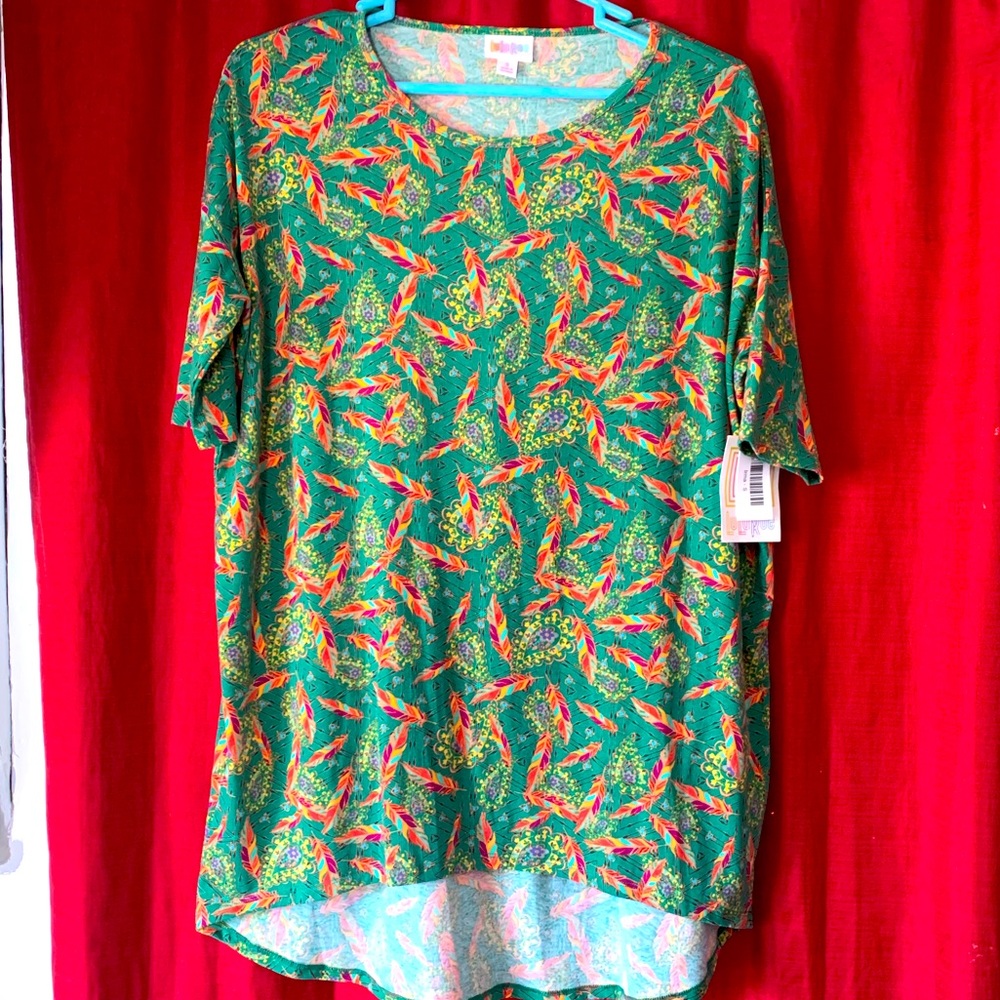 2/$20 LuLaRoe Irma Top - green w/ feather & paisley pattern
